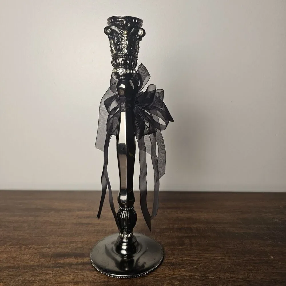 Gothic Black Metal Crystal Candle Holder With Bow Baroque Decor 10